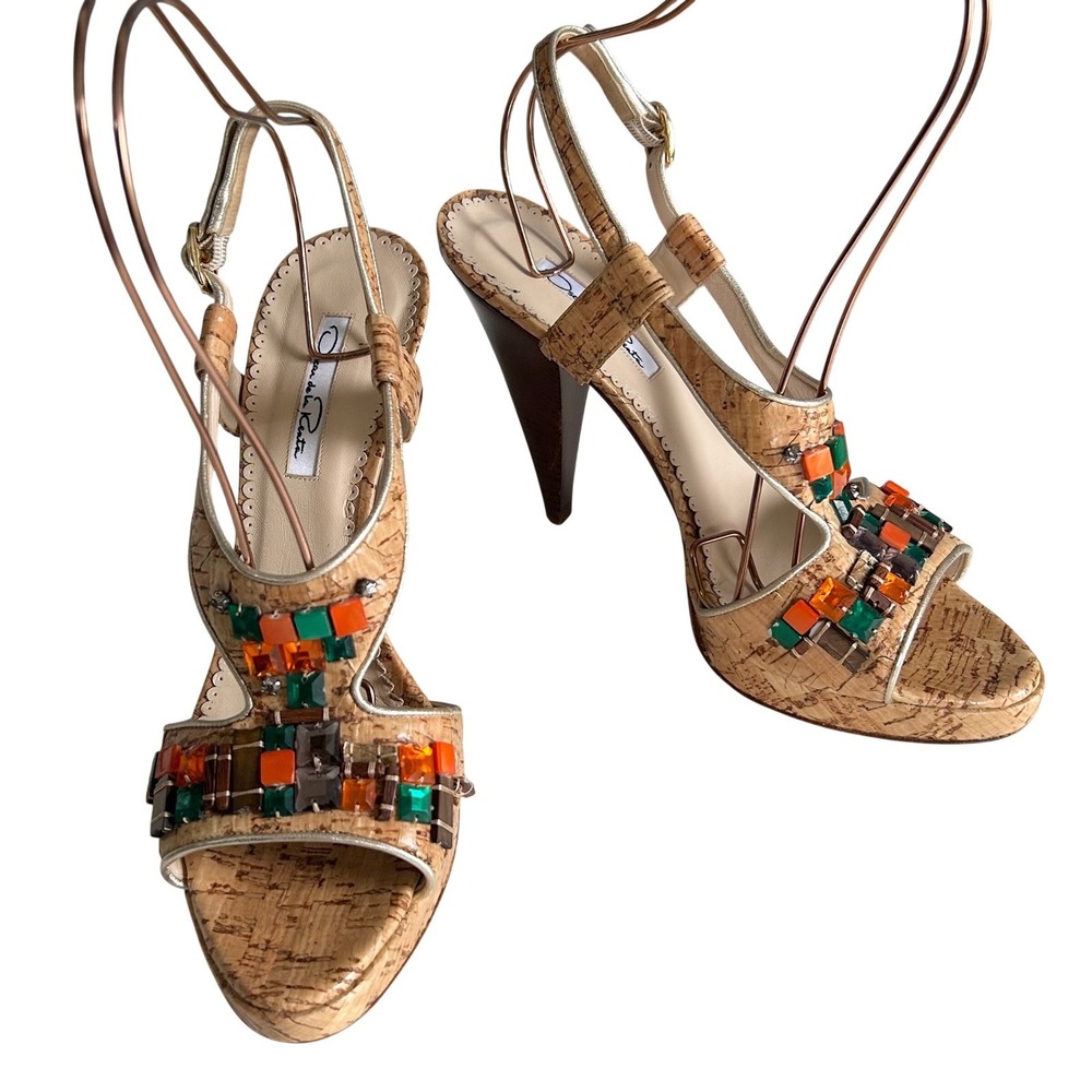 Oscar de la Renta Heels Sandals 10.5 US 40.5 Cork Gemstone Tropical Tan Italy
